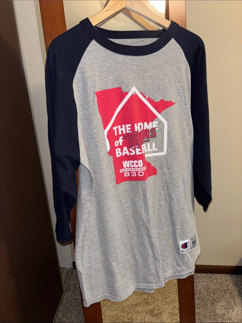 MN Twins Baseball 3/4 Sleeve Champion Gray with Navy Sleeves